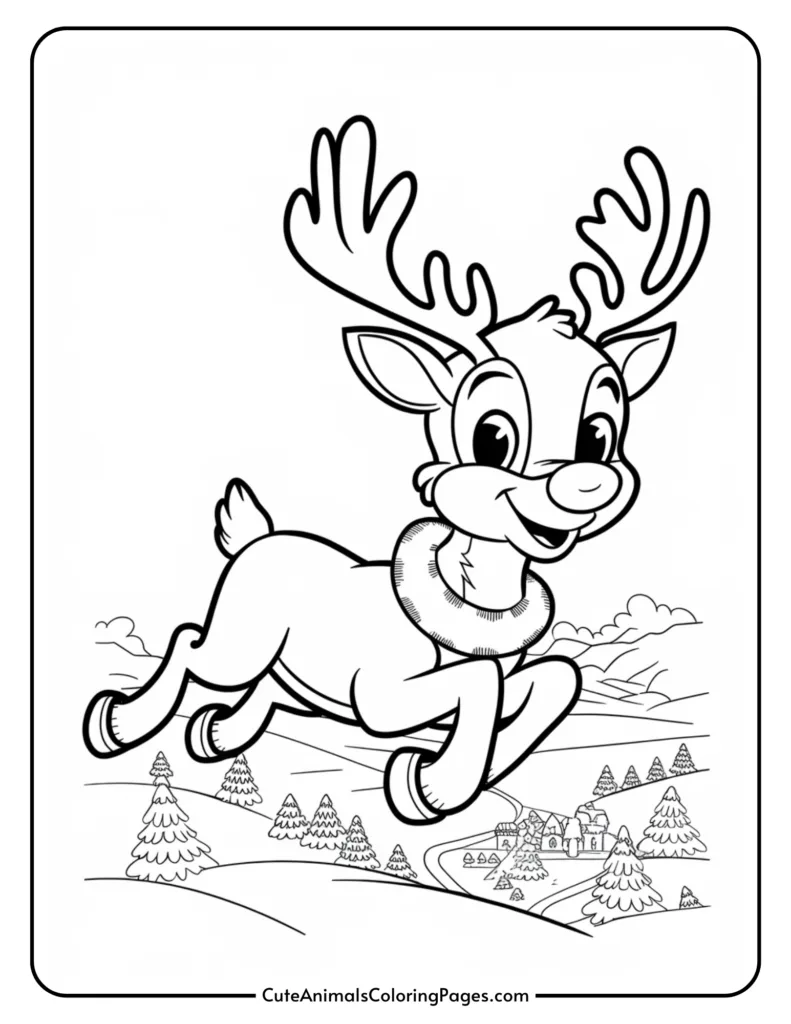 Cartoon reindeer character joyfully leaping in a winter landscape, surrounded by trees and a small village, designed for coloring activities.