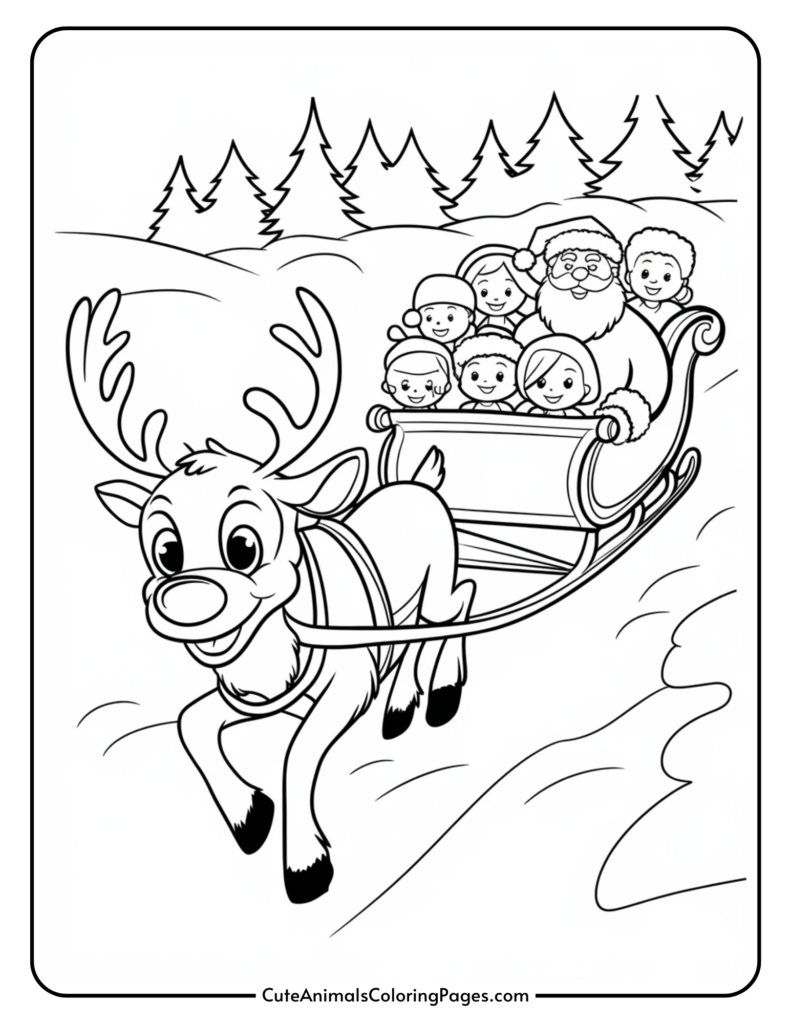 Coloring page featuring Santa Claus and children riding in a sleigh pulled by a reindeer, surrounded by snowy trees. Perfect for holiday-themed art activities.