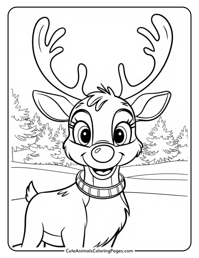 A cheerful cartoon reindeer with large antlers, wearing a striped collar, standing in a snowy landscape surrounded by trees, designed for coloring activities.