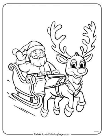 Black and white coloring page featuring Santa Claus in a sleigh being pulled by a cheerful reindeer, perfect for holiday-themed art activities.