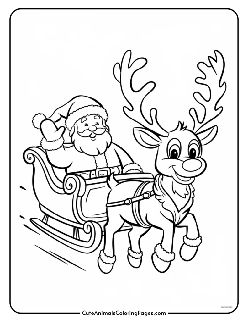 Black and white coloring page featuring Santa Claus in a sleigh being pulled by a cheerful reindeer, perfect for holiday-themed art activities.