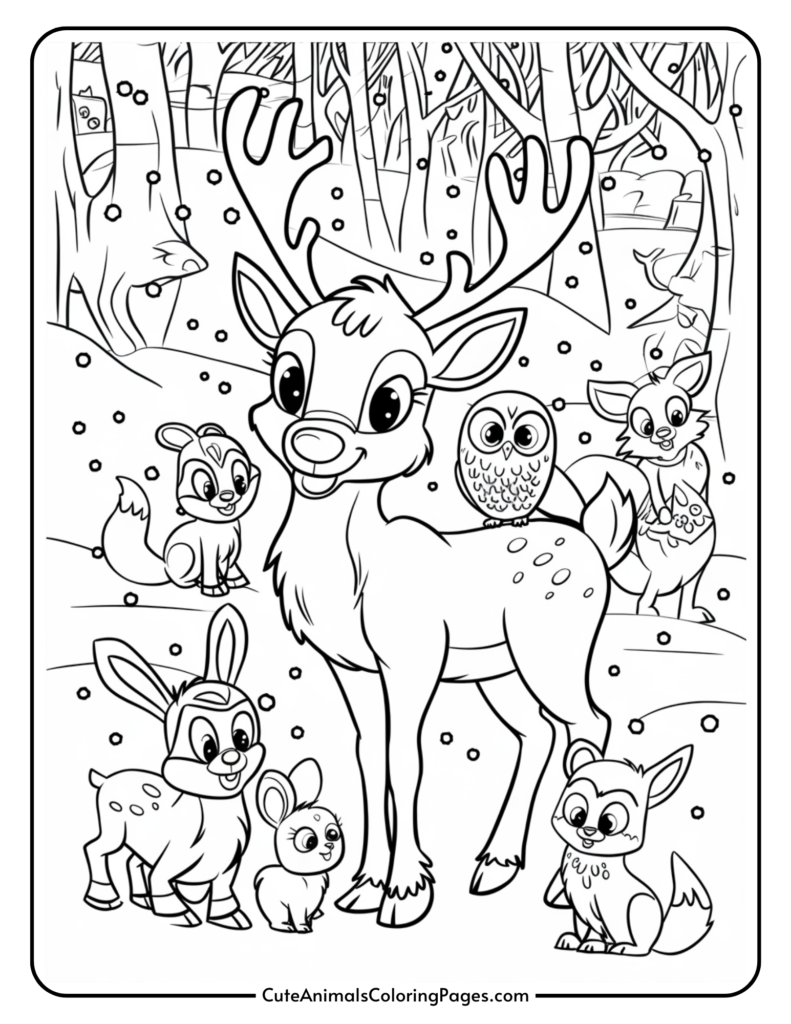 Coloring page featuring a cheerful reindeer surrounded by various woodland animals, including rabbits, an owl, and a fox, set in a snowy forest scene. Ideal for kids who enjoy animal-themed coloring activities.