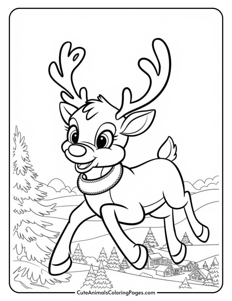 A playful cartoon reindeer with large antlers, joyfully running through a snowy landscape featuring evergreen trees and a cozy cabin in the background. Ideal for children's coloring activities.