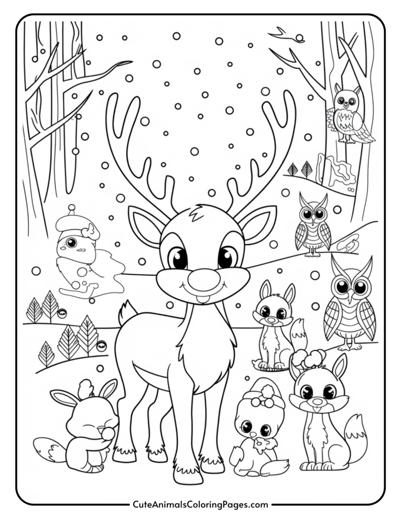 Coloring page featuring a cheerful reindeer surrounded by various woodland animals like foxes, owls, and rabbits in a snowy forest setting, ideal for kids' holiday-themed activities.