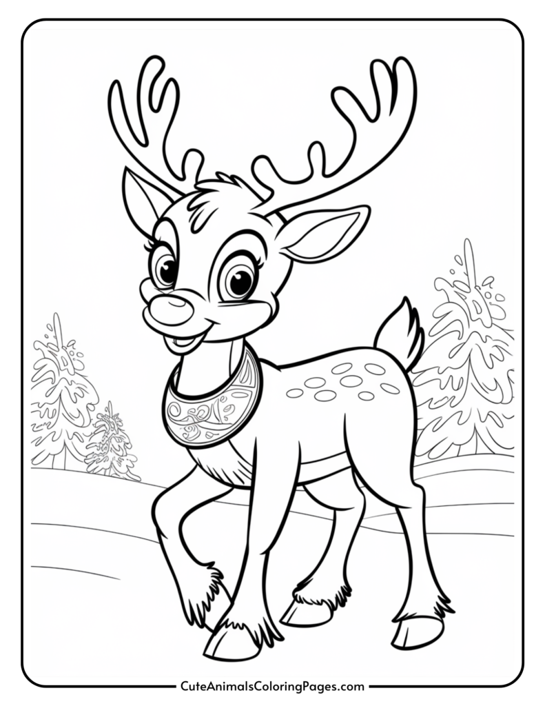 Cute cartoon reindeer illustration for coloring, featuring a friendly character with antlers, a decorative collar, and a snowy background with trees. Ideal for kids' coloring activities.