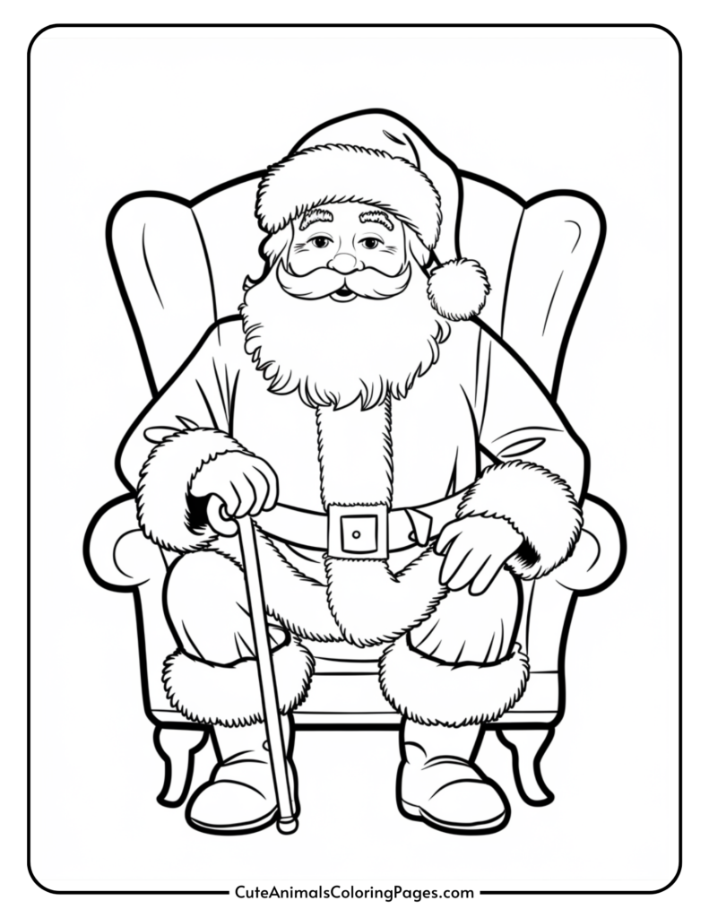 Black and white coloring page of Santa Claus sitting in an armchair, holding a cane, featuring his iconic red suit, fluffy white beard, and cheerful expression. Ideal for holiday-themed arts and crafts activities.