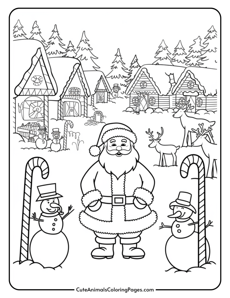 Black and white coloring page featuring Santa Claus standing between two snowmen, with candy canes in the foreground and a snowy village with Christmas trees and reindeer in the background.