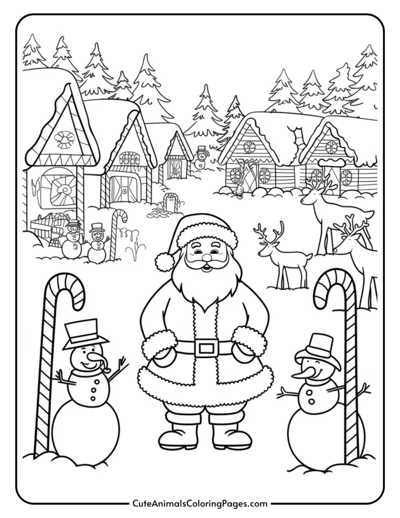 Black and white coloring page featuring Santa Claus standing between two snowmen, with candy canes in the foreground and a snowy village with Christmas trees and reindeer in the background.