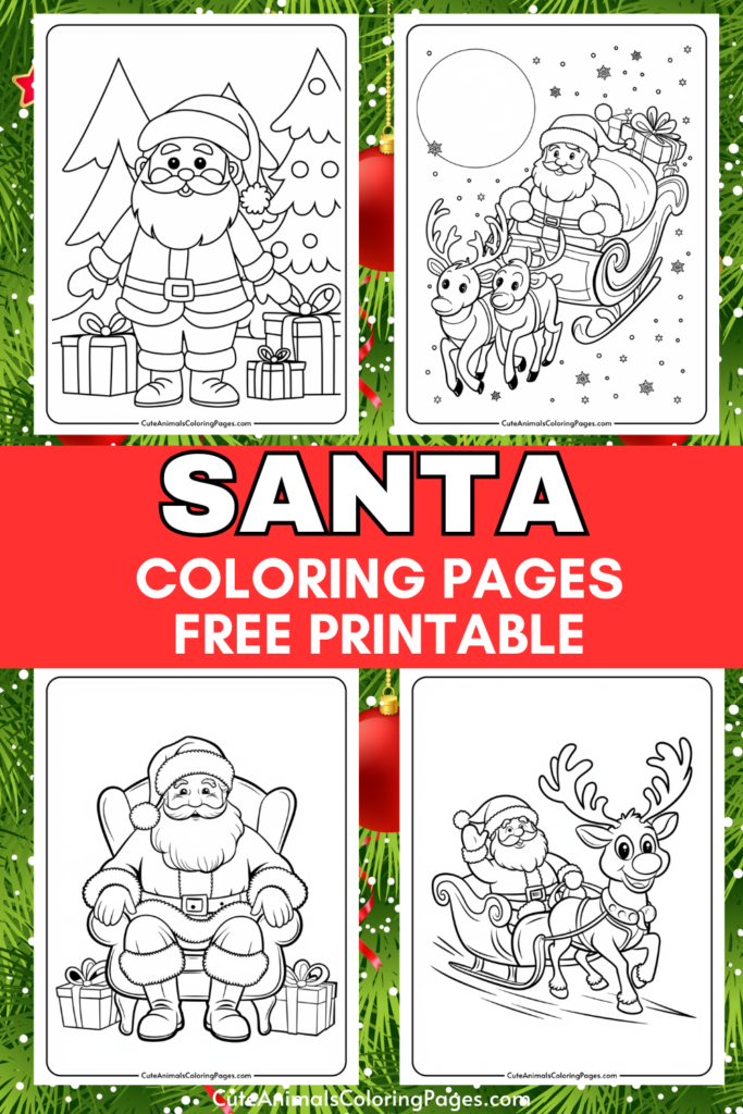 Santa coloring pages featuring various designs, including Santa with gifts, Santa in a sleigh with reindeer, and a seated Santa with presents. Ideal for kids, these free printables encourage creativity and festive fun.