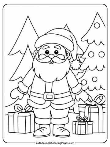 Coloring page featuring a cheerful Santa Claus standing beside wrapped gifts and Christmas trees, perfect for holiday-themed art activities.