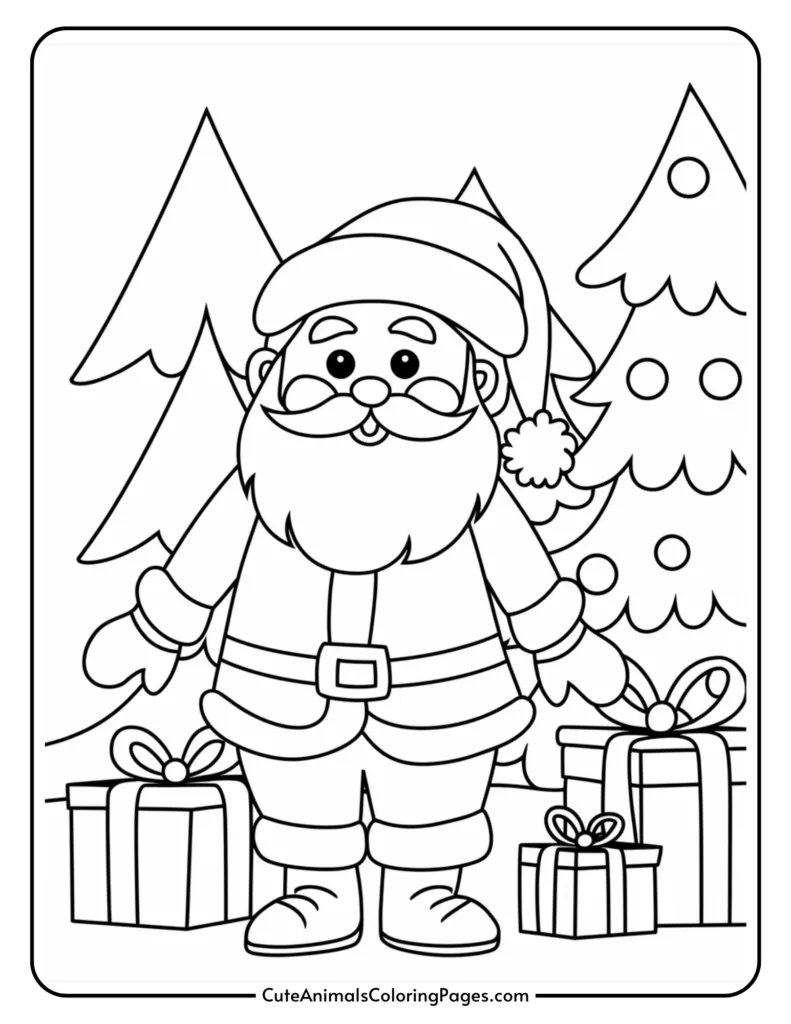 Coloring page featuring a cheerful Santa Claus standing beside wrapped gifts and Christmas trees, perfect for holiday-themed art activities.