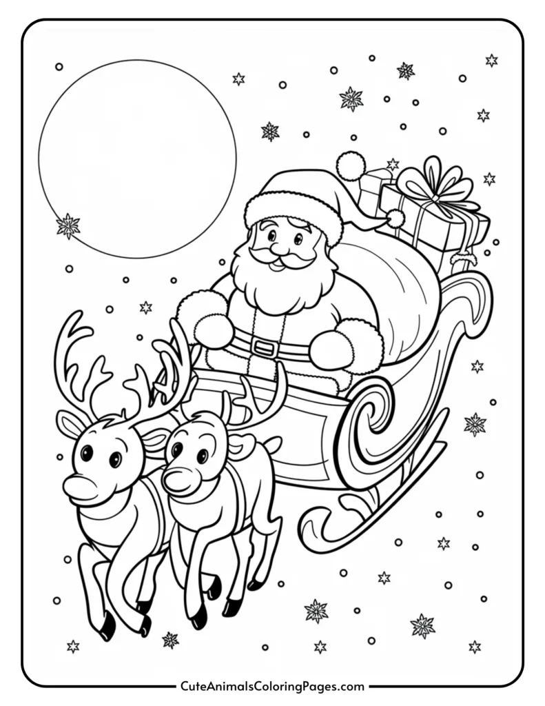 Coloring page featuring Santa Claus in his sleigh, pulled by two reindeer, surrounded by snowflakes and a blank moon area for customization. Perfect for holiday-themed art activities for children.