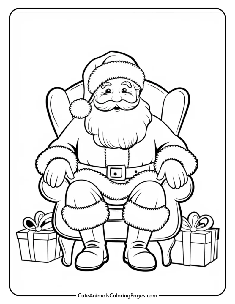 Black and white coloring page featuring Santa Claus sitting in a chair with two presents beside him, perfect for holiday-themed art activities.