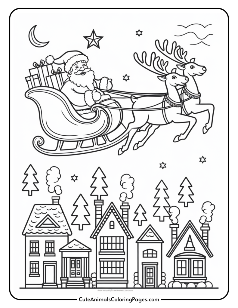 Black and white coloring page featuring Santa Claus in a sleigh pulled by two reindeer, flying over a snowy village with several houses and trees, perfect for holiday-themed arts and crafts activities.