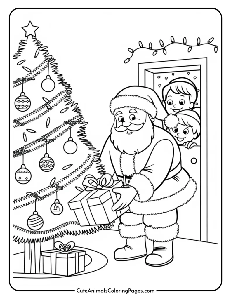 Santa Claus delivering gifts on Christmas Eve, with a decorated Christmas tree and excited children peeking from behind a door. Coloring page illustration for holiday-themed activities.