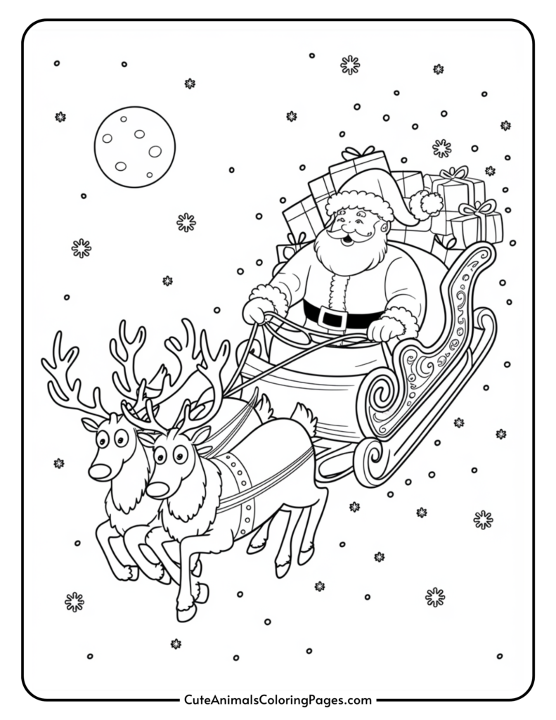 Black and white coloring page featuring Santa Claus in a sleigh pulled by two reindeer, surrounded by snowflakes and a full moon, perfect for holiday-themed coloring activities.