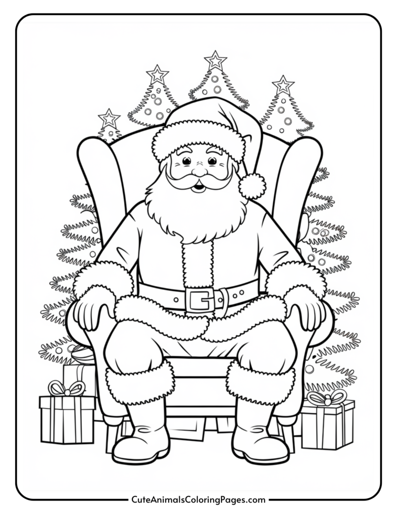 Black and white coloring page featuring Santa Claus sitting in a chair surrounded by Christmas trees and gifts, ideal for holiday-themed art activities.