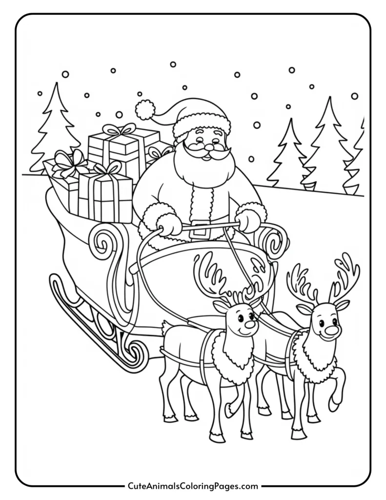 Santa Claus riding a decorated sleigh pulled by two reindeer, surrounded by snowflakes and pine trees, with a stack of presents in the sleigh. Ideal for holiday-themed coloring activities.