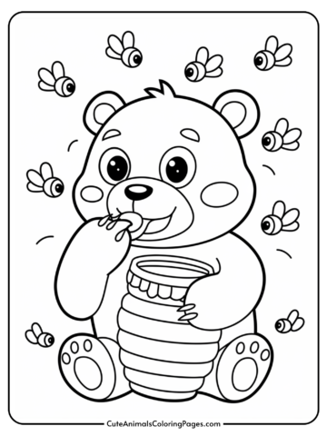 Cute cartoon bear happily eating honey from a jar, surrounded by buzzing bees. Perfect for children's coloring activities and animal-themed art projects.