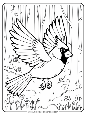 Coloring page illustration of a flying bird, featuring a cardinal with outstretched wings in a forest setting. The background includes trees, flowers, and small animals like squirrels, creating a serene nature scene ideal for coloring activities.