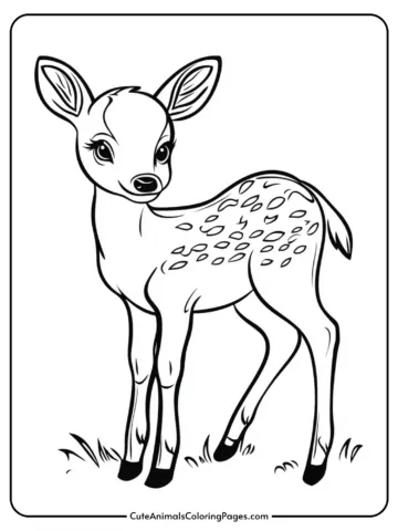 Cute cartoon-style illustration of a young deer with large eyes and spots on its back, standing on grass, ideal for coloring activities.