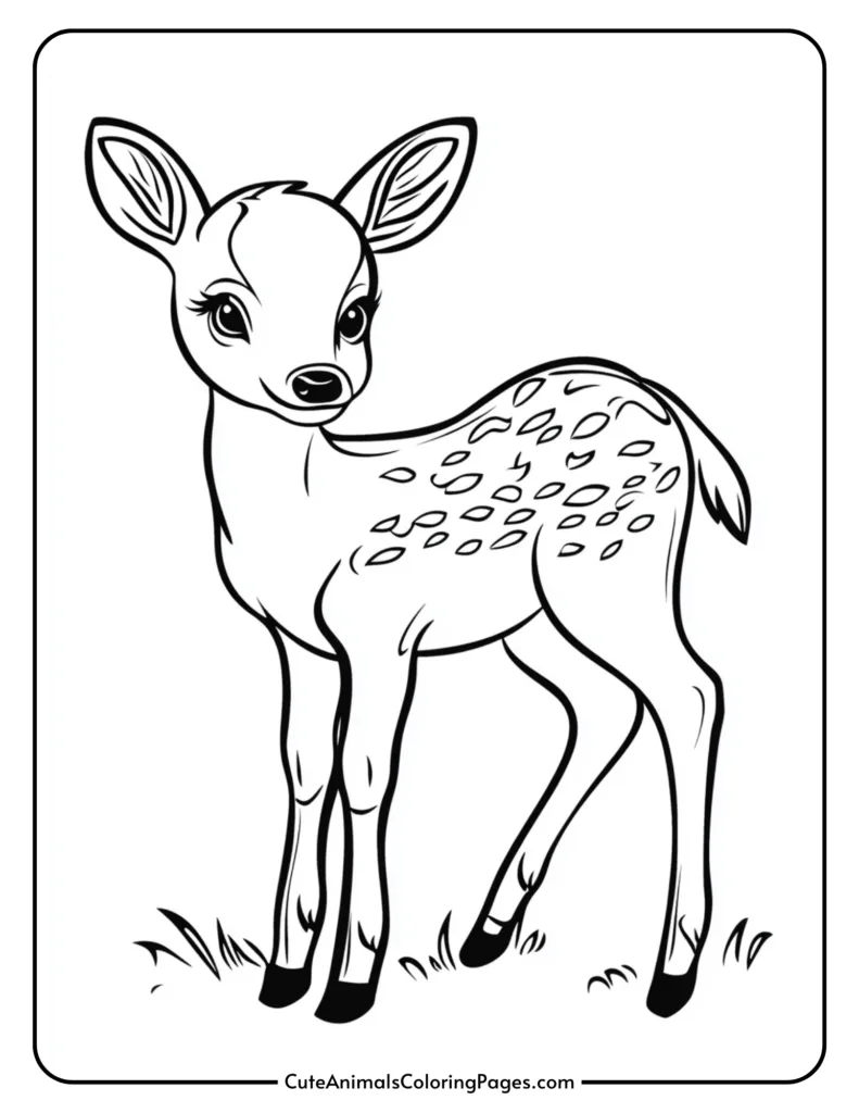 Cute cartoon-style illustration of a young deer with large eyes and spots on its back, standing on grass, ideal for coloring activities.