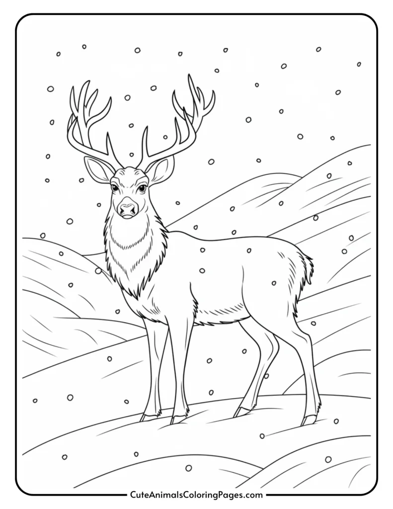 Line art illustration of a majestic deer standing in a snowy landscape, featuring detailed antlers and a serene expression, perfect for a coloring activity.