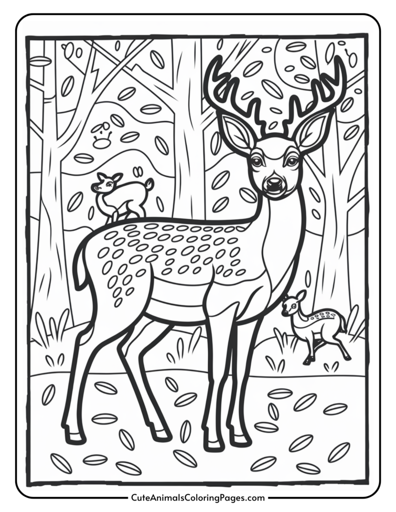 Coloring page featuring a deer with antlers standing in a forest, accompanied by a small fawn and a bird, surrounded by trees and falling leaves. Ideal for children's art and craft activities.