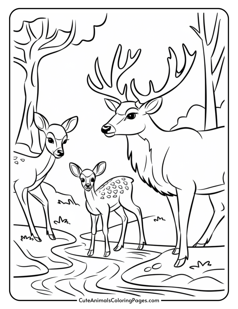 Line art illustration of a family of deer in a natural setting, featuring a male deer with antlers, a female deer, and a spotted fawn near a stream, surrounded by trees. Ideal for coloring activities.