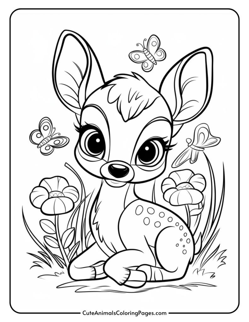 Cute cartoon deer sitting among flowers and butterflies, designed for coloring activities. Perfect for children's art projects and educational purposes.