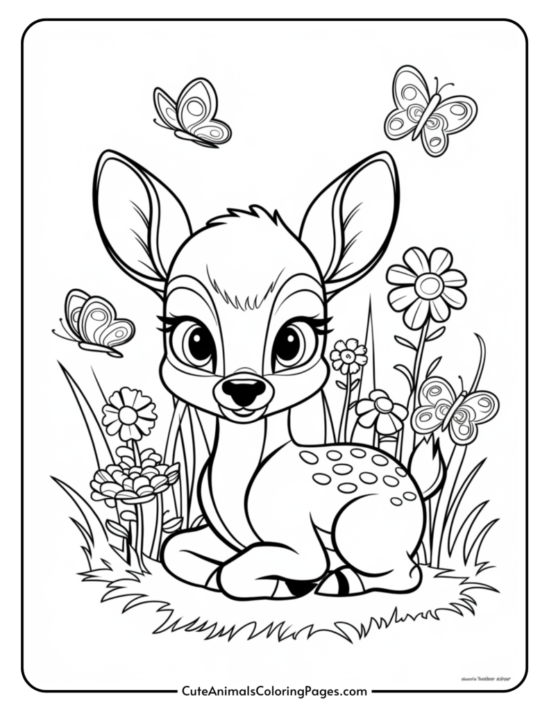 Cute cartoon deer surrounded by flowers and butterflies, designed for coloring activities. Ideal for children's art projects and educational resources.