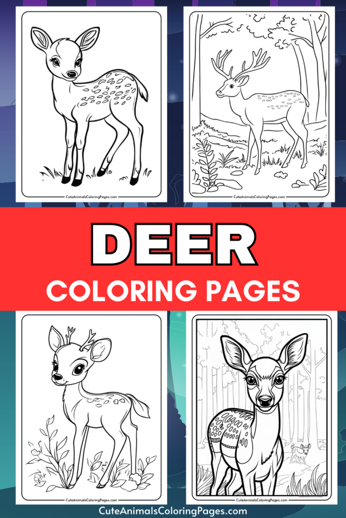 Deer coloring pages featuring cute illustrations of fawns and adult deer in natural settings, perfect for kids and art enthusiasts looking to enjoy creative coloring activities.