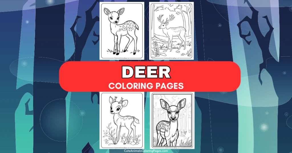 Coloring pages featuring adorable deer illustrations, perfect for kids and adults looking to enjoy a creative activity. The image showcases four unique deer designs set against a colorful forest background, ideal for relaxation and artistic expression.