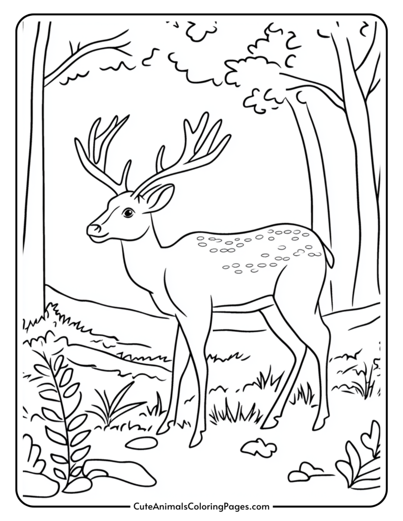 Line art coloring page featuring a deer standing in a forest setting, surrounded by trees and foliage, ideal for children's coloring activities.