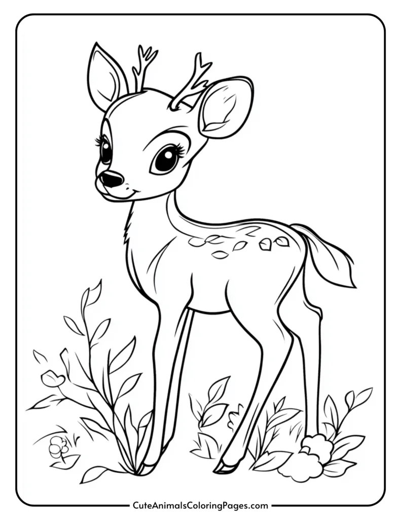 Cute cartoon deer illustration with large eyes and small antlers, surrounded by plants and flowers, perfect for coloring activities.