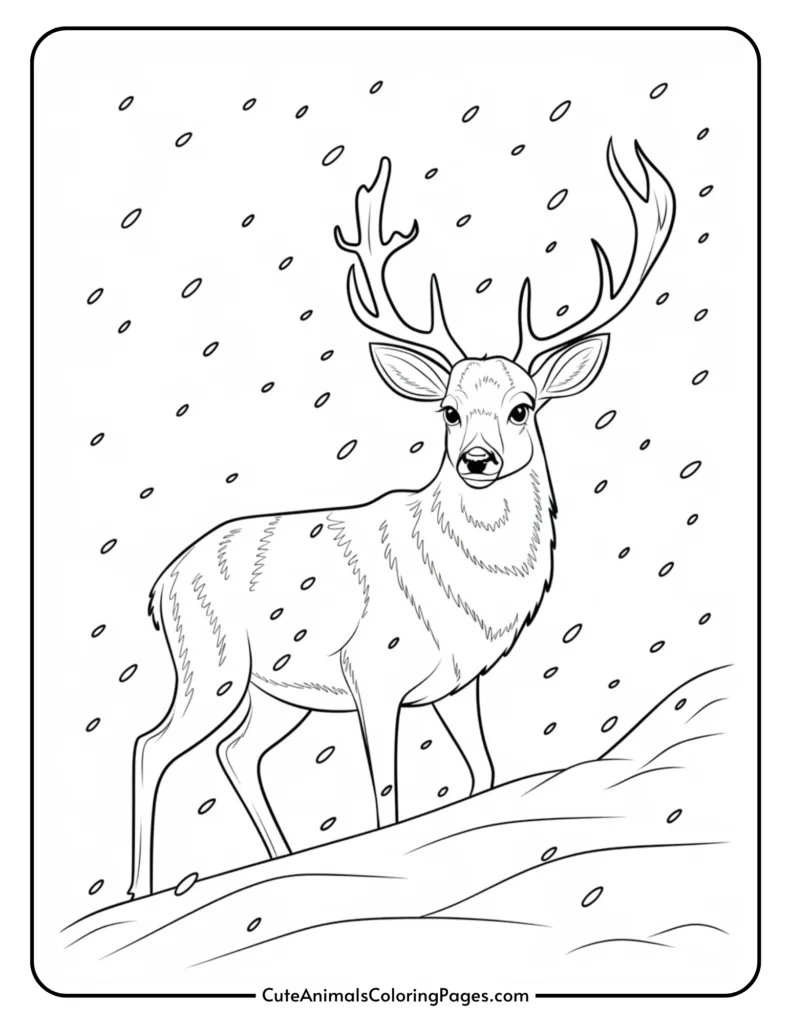 Black and white coloring page featuring a deer standing in the snow, surrounded by falling snowflakes, ideal for kids' art and creativity activities.