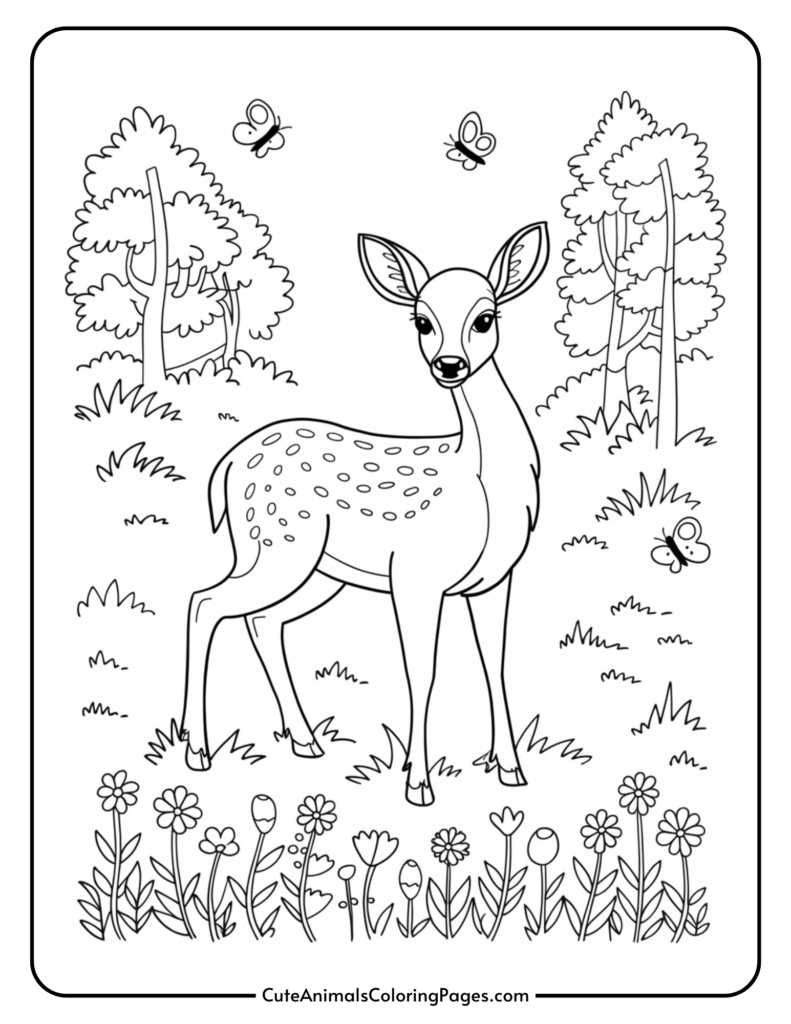 Line art coloring page featuring a deer surrounded by trees, flowers, and butterflies, perfect for kids and animal lovers.