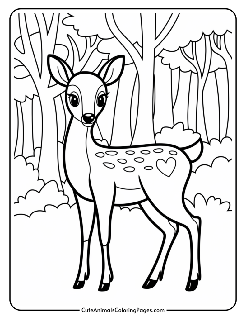 Line art illustration of a cute deer standing in a forest, surrounded by trees and foliage, ideal for coloring activities.