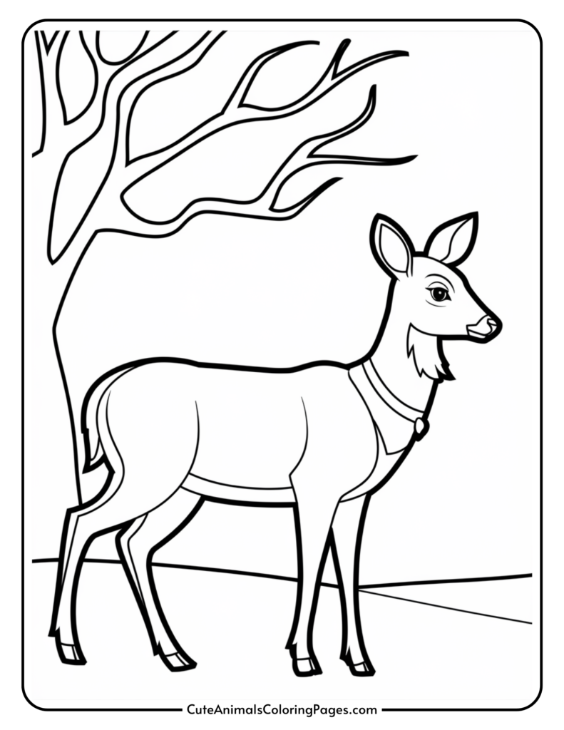 Line art illustration of a deer standing near a tree, suitable for coloring activities. Ideal for children's art projects and educational purposes.