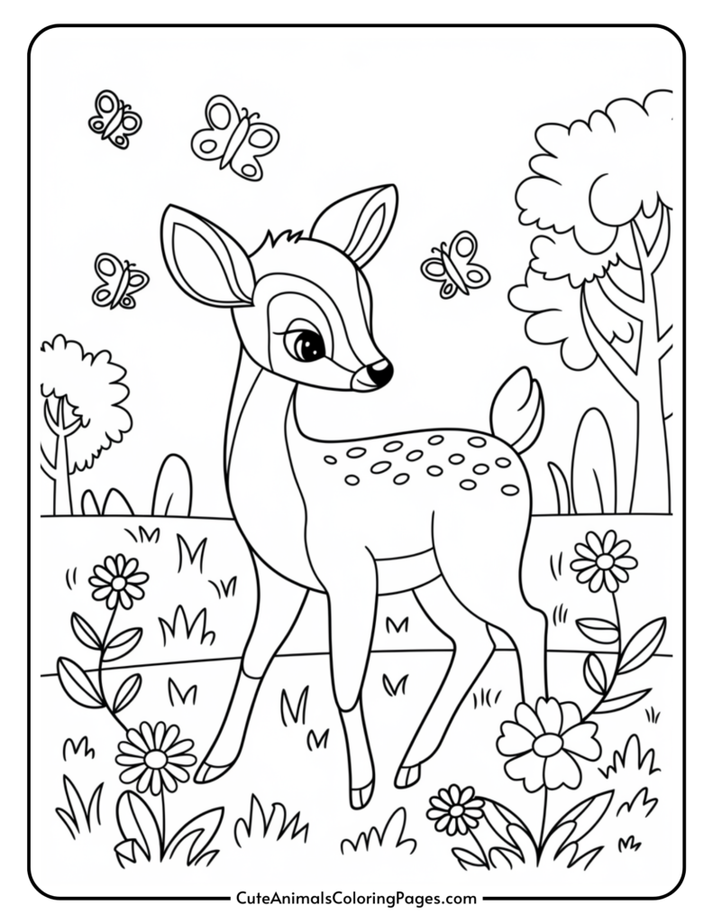 A cute deer coloring page featuring a young deer surrounded by flowers and butterflies in a natural setting, ideal for kids' art activities.