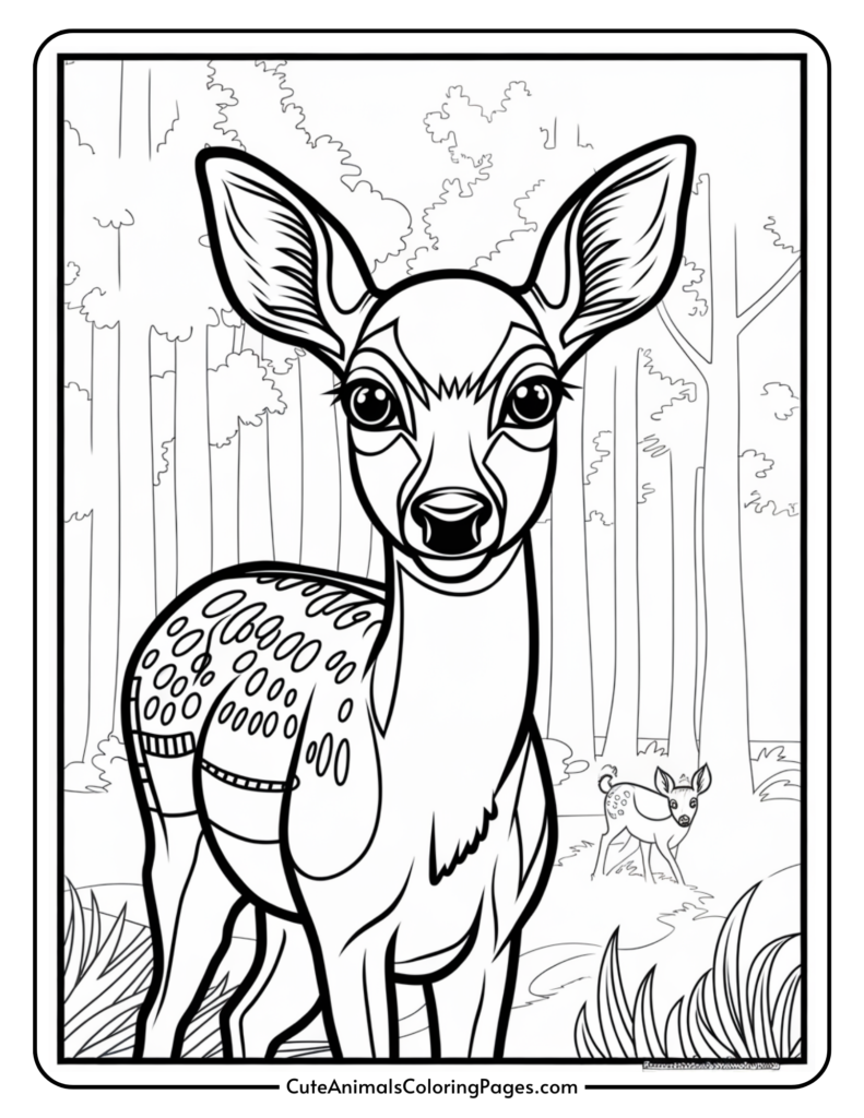 Black and white coloring page featuring a deer standing in a forest with a second deer in the background, designed for children's art activities.