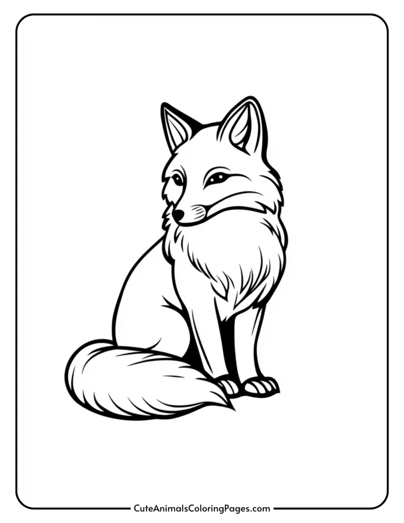 Line art illustration of a sitting fox with a bushy tail and detailed fur, ideal for coloring activities.