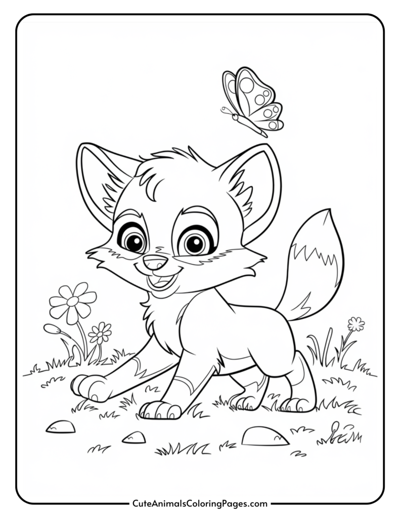 A cute cartoon fox playing in a grassy field with flowers and a butterfly above it, designed for a coloring page.