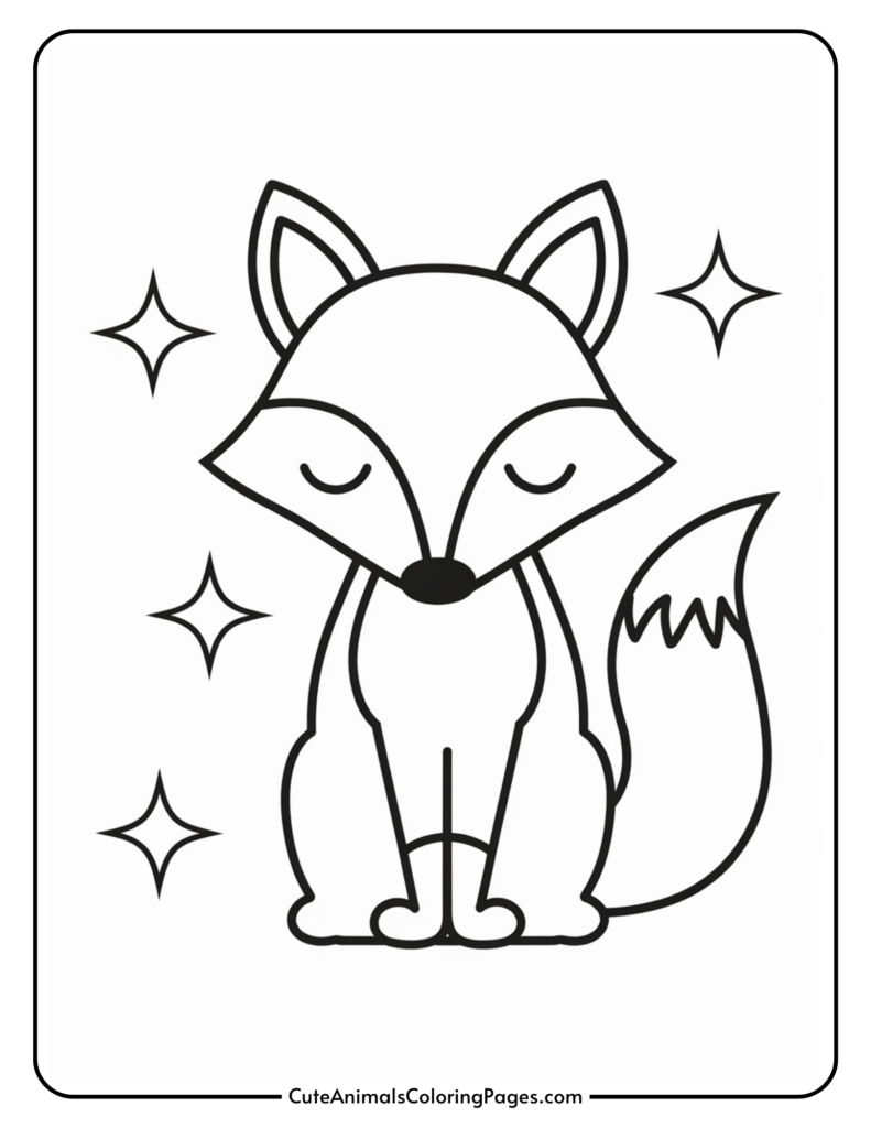 Cute cartoon fox coloring page with closed eyes and a playful expression, surrounded by sparkling stars. Ideal for children's art activities and animal-themed crafts.