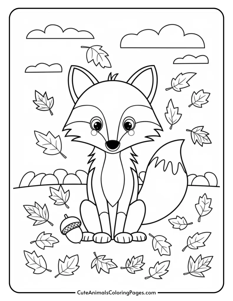 Coloring page featuring a cute fox sitting among fallen leaves, with clouds and a grassy background, ideal for children's art activities.