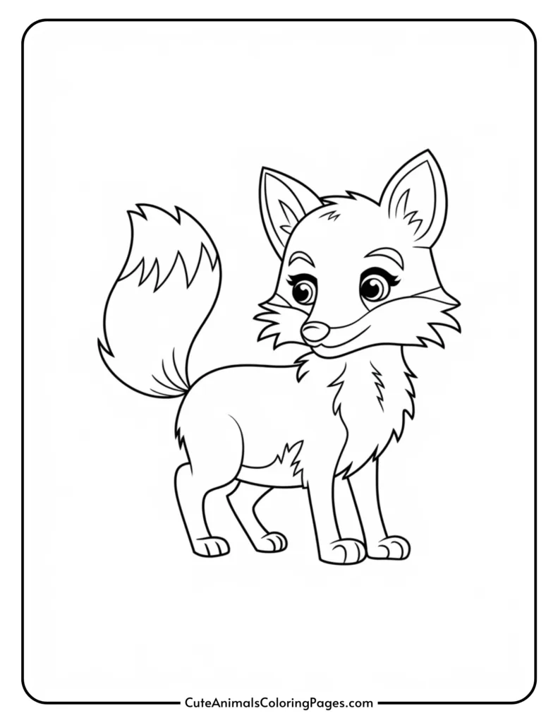 Cute cartoon fox coloring page featuring a playful fox with a bushy tail and friendly expression, designed for kids to color and engage in creative activities.