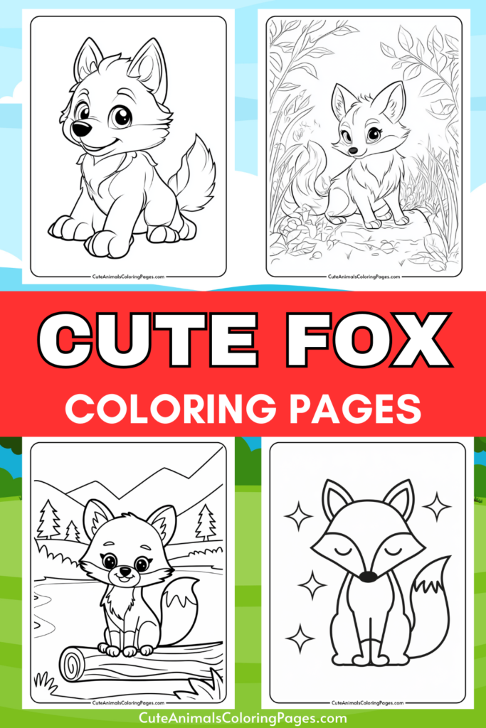 Four cute fox coloring pages featuring playful and adorable fox illustrations, perfect for kids and animal lovers. The images include a smiling fox, a fox in a natural setting, and two additional charming designs, all outlined for coloring fun. Ideal for creative activities and learning.