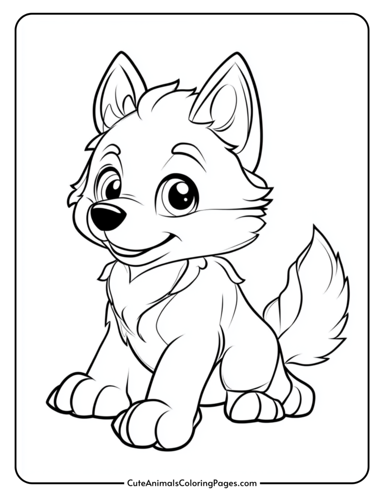 Cute cartoon wolf puppy illustration for coloring, featuring a friendly expression and playful pose, ideal for children's art activities and educational projects.