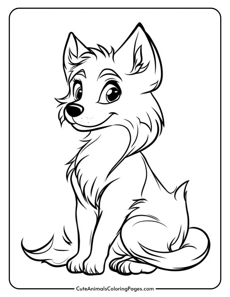 Line art illustration of a cute cartoon dog sitting with a friendly expression, featuring large eyes and fluffy fur, perfect for coloring activities.