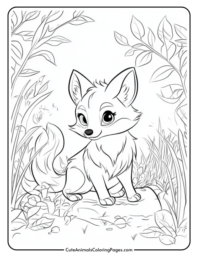 Cute cartoon fox sitting on a rock surrounded by plants and grass, designed for a coloring page. Ideal for kids' creative activities and animal-themed art projects.